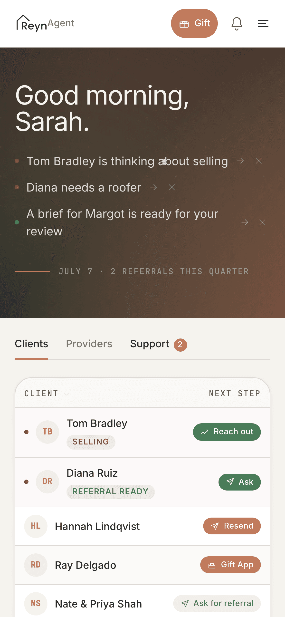 Reyn for agents: today's worklist ranked by who needs you, and your client book with the one next step per client.
